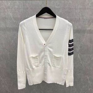 Thom Browne style White Cardigan with Black Stripes